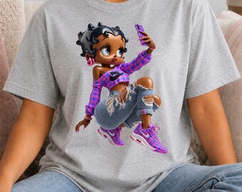 Black BB Inspired Tshirt Graphic Design Streetwear Urban Casual Top Trendy Fashion Statement Outfit Women Clothing Retro Gingham Cartoon Tee