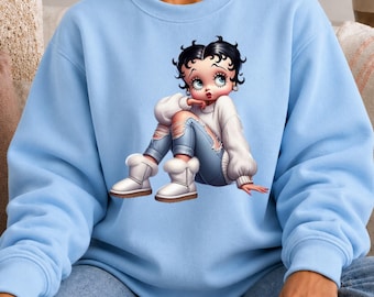 BB Inspired Sweatshirt Black Crewneck Cartoon Design Retro Graphic Pullover Top Vintage Character Apparel Gift Nostalgic Fan Fashion Style