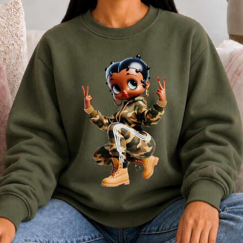 Betty Boop Sweatshirt Black Crewneck Cartoon Character Graphic Design Retro Pullover Vintage Style Cotton Apparel Classic Fashion Casual Wear Collector Item Fan Merchandise Gift Idea Comfortable Fabric Iconic Character Streetwear Look