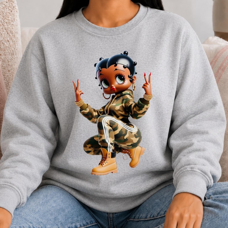 Cartoon Character Sweatshirt Betty Boop Design Black Crewneck Pullover Retro Style Vintage Fashion Appeal Cotton Fabric Comfort Classic Look Casual Wear Gift Idea Fan Merchandise Collection Iconic Character Graphic Trendy Outfit Essential