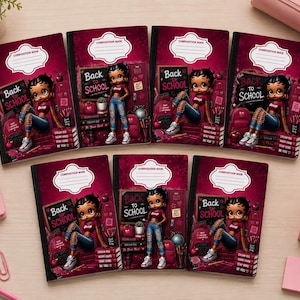 May include: Seven composition books featuring a cartoon character with black hair wearing a maroon shirt and blue jeans. The covers display the text Back to School, a chalkboard, and school supplies in shades of maroon, pink, and dark red.