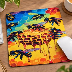 May include: A rectangular mouse pad featuring a vibrant, colorful illustration of multiple bees swarming around a central honeycomb structure dripping with golden honey. The background consists of a rainbow-colored hexagonal pattern.