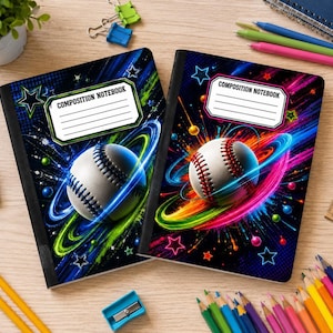 May include: Two composition notebooks featuring a baseball graphic surrounded by colorful light trails and stars on a black background. Each notebook has a white label with the text COMPOSITION NOTEBOOK and lines for writing on the front cover.