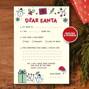 Letter to Santa | English & Spanish | Instant Download | Wish List for Kids | Printable Santa Letter| PDF, JPG