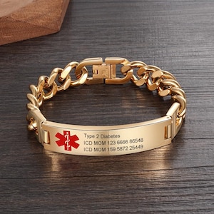 Personalized Medical Alert Bracelet for Men, Custom Engraved Medical ID Bracelet Gold, Emergency  Bracelet, Medical Jewelry Gift for Him