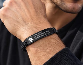 May include: A black braided leather medical alert bracelet featuring a rectangular metal plate with a white Star of Life symbol and engraved text that reads Type 2 Diabetes, ICD MOM 123 6666 86548, and ICD MOM 159 5872 25449.