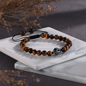 Gepersonaliseerde armband met fotoprojectie, armband tijgeroogsteen met foto erin, herinneringsarmbanden voor heren, Vaderdagcadeau