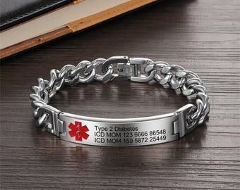 Personligt medicinskt varningsarmband för män, anpassat graverat medicinskt ID-armband i silver, nödarmband, medicinska smycken, present till honom
