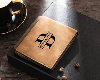 Personalized Custom Monogrammed Wallets for Men, Engraved Picture & Initial Name Wallet, Bifold Wallet Gift for Him Dad, Father's Day Gift