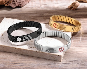 Medical Alert Stretch Bracelet, Custom Engraved Medical ID Bracelet, Emergency Contact Bracelet, Medical Jewelry Personalized Gift for Him