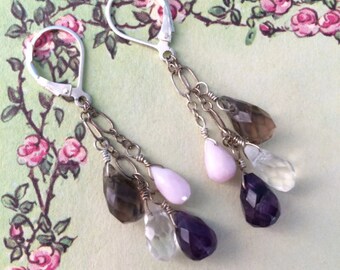 Gemstone Drop Earrings, Sterling Silver, Amethyst, Clear Quartz, Smoky Quartz, Pink Opal, Bridal Jewelry, Gift for Her