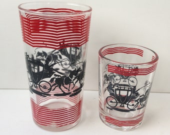 Vintage Bar Glass Set, Equestrian Theme, Horse and Carriage, Red and Black, Set of Twelve