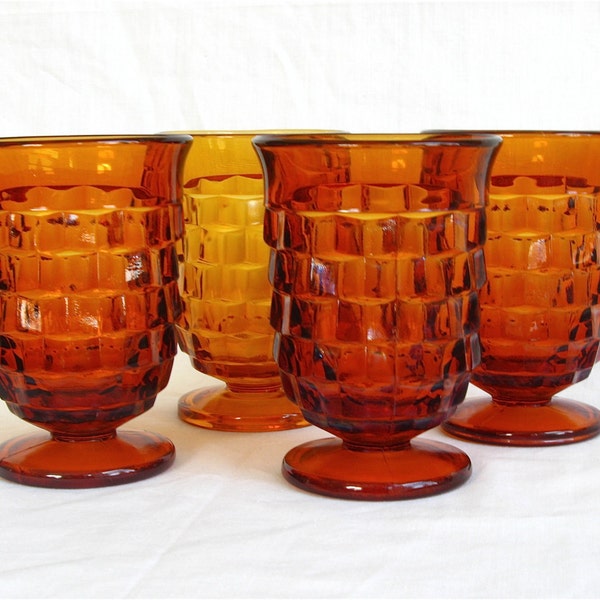 Small Vintage Indiana Glass Cube Pattern Glasses in Amber, Set of Four