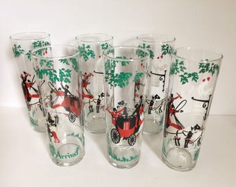 Horse and Carriage Ice Tea Glasses, Equestrian Drinking Glasses, Set of Six