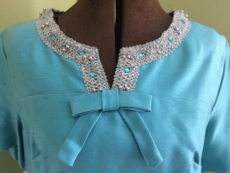 Beaded Collar New Old Stock 1960/'s Blue Cocktail Dress