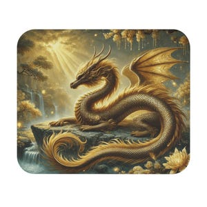 Golden Dragon Mouse Pad - Fantasy Art Gift for Gamers, Office Decor, Dragon Lover, Desk Accessories, Unique Present