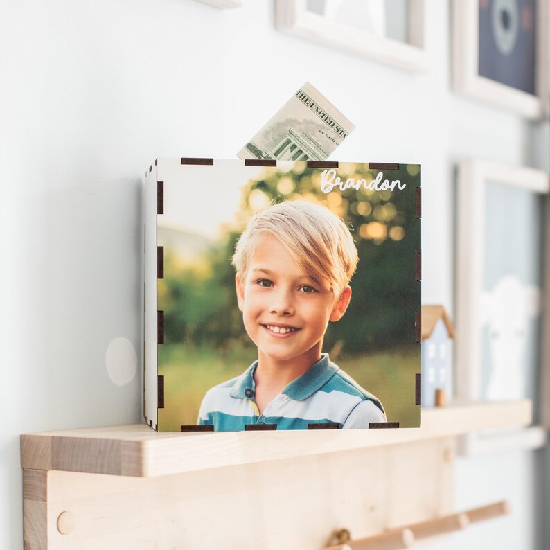 Personalized Kids Money Box With Photo: Wooden Piggy Bank, Baby Girl ...
