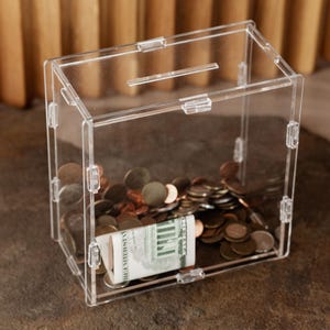 Coin Bank Transparent Organic Glass Money Box, Clear Piggy Bank, Custom Tip Jar Personalized Donation Box, Kids Reward Jar, Suggestion Box
