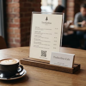 May include: A clear acrylic menu holder with a cream-colored paper menu featuring the Timberline Cafe logo, a list of items with prices, and a QR code. Next to it sits a stack of white business cards labeled Timberline Cafe in a wooden base.