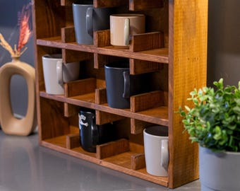 Handcrafted Coffe Corner Wooden Mug Holder – 12-Compartment Decorative Kitchen Shelf, Aesthetic and Practical Mug Organizer