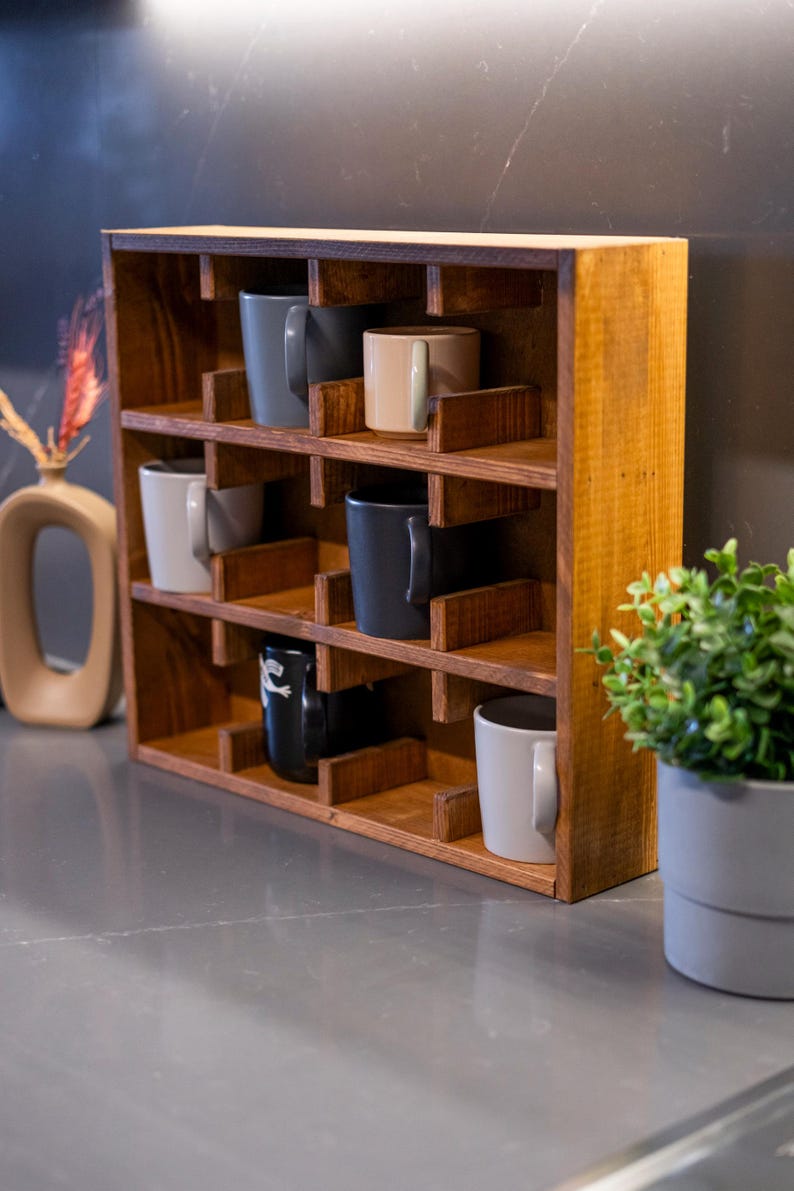 Timber Mug Rack Handcrafted 100% Natural Wooden Mug Holder – 12-compartment Decorative ...