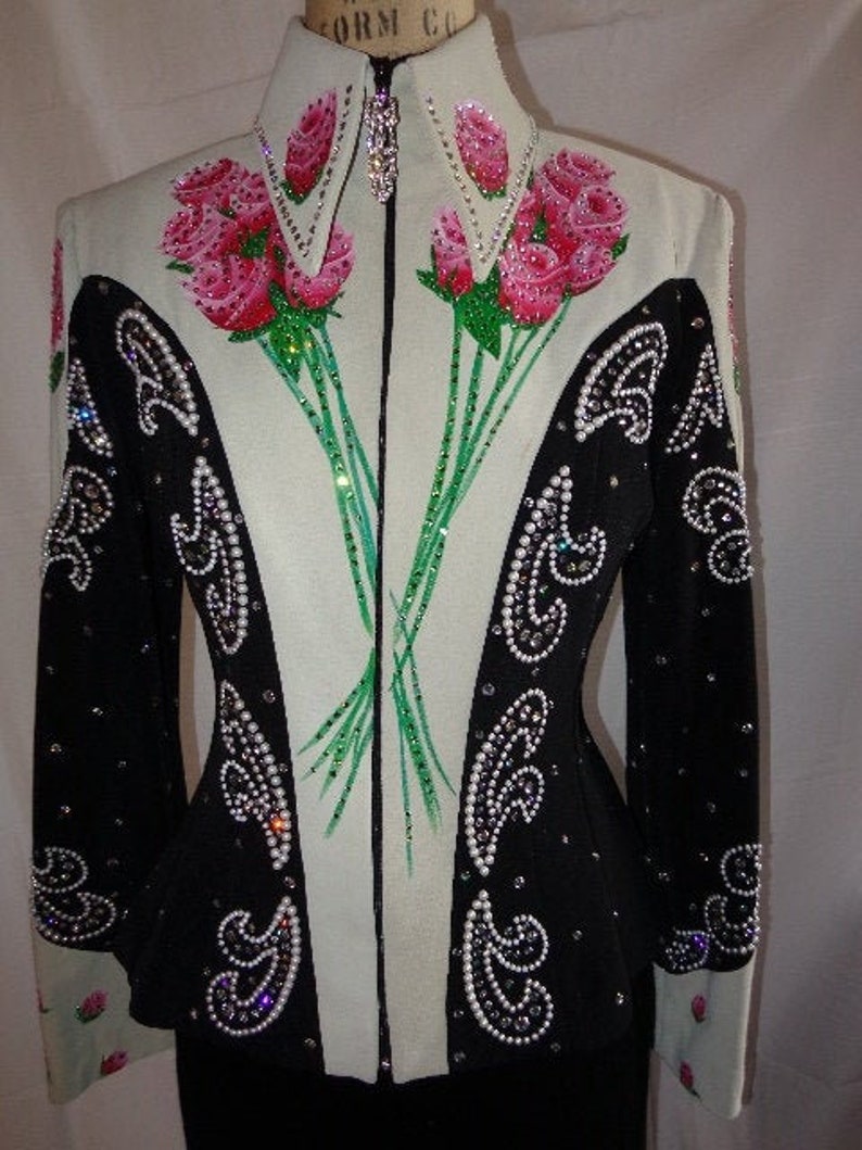 golden horseshoes w Pearl design Susan Lunenfeld Western Show Jacket hand painted pink Roses