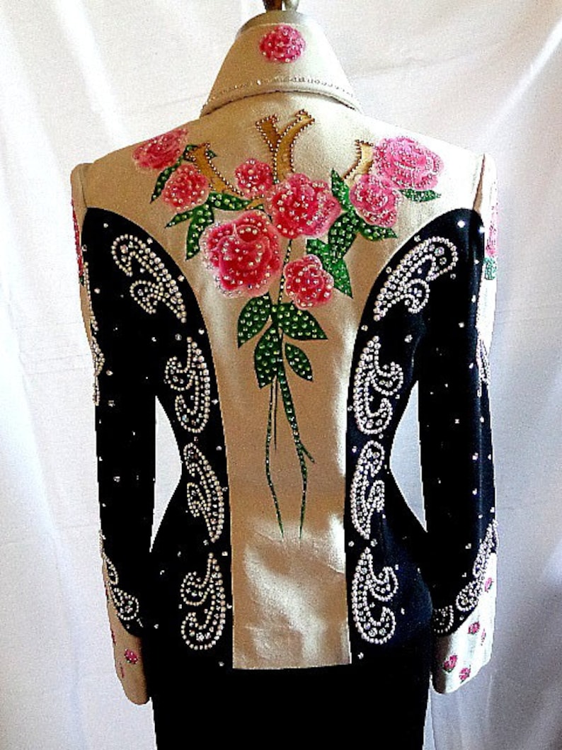 golden horseshoes w Pearl design Susan Lunenfeld Western Show Jacket hand painted pink Roses