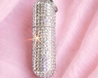 Keyring metal rhinestone embellished holder for lip balm, money, toothpicks, pills etc. Two sizes to choose from, personalize & choose color