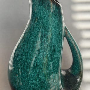 Vintage Ewer Vase, Canuck Pottery Green Black Drip Glaze 1960s Ceramic