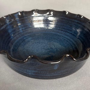 Deep Dish Pie Plate, Blue Glazed Ceramic With Fluted Wavy Rim