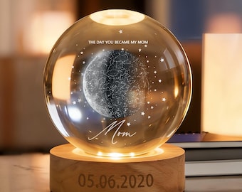 Custom Moon Phase & Star Map Crystal Ball Light, The Day You Became My Mom, Mother's Day Gift, Unique Idea Gift for Mom, Home Decor