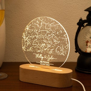 Mapa estelar personalizado por fecha, mapa de constelaciones personalizado, luz nocturna con mapa estelar, regalos para parejas, regalos de compromiso, regalo de aniversario para ella