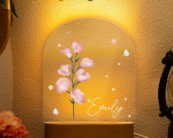 Personalized Birth Flower Name Night Light, Custom Flower Night Light, Birthday Gift, Bedroom Bedside Light, Gift for Her, Nursery Deocr