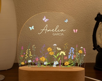 Personalized Floral Night Light For Baby Girl, Custom Name Night Lamp For Children, Cute Night Light, Christmas Gift,Baby Nursery Decor