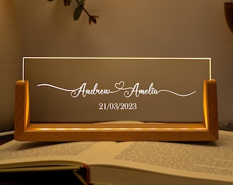 Luz noturna personalizada para casais, luminária de casamento personalizada, presente de aniversário, nomes e data, presente de Dia dos Namorados, presente para ela, presente de noivado
