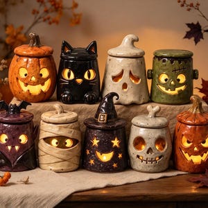 May include: A collection of nine ceramic Halloween-themed jars with lids, each featuring a unique character design including a pumpkin, black cat, ghost, Frankenstein monster, vampire, mummy, witch, skull, and jack-o'-lantern, all illuminated from within.