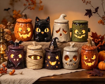 Lanterne d'Halloween, bougeoir monstre, décoration de table rustique, décoration saisonnière pour la maison, cadeau d'anniversaire, cadeau de décoration d'Halloween vintage