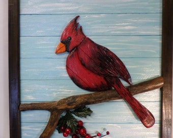 Cardinal, Cardinal Wood Picture, Cardinal on Branch, Red Cardinal, Cardinal Bird, Cardinal with Holly