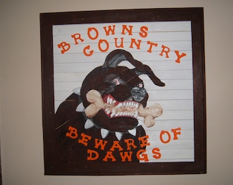 Hand Carved Cleveland Browns Dawg Wood Picture, Sports Fan Art