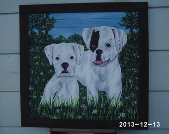 White Boxers Wood Picture OOAK