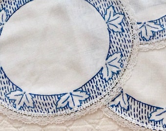 6 oval linen doilies blue leaves embroidery edge, white lace coasters, 9 by 11, vintage table linens, blue and white decor cottagecore chic