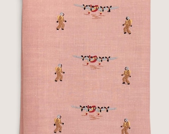 Peach Linen Guest Towel, Hand Embroidered Airplanes Seaplanes, Skydivers