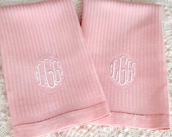 2 pink linen guest towels with damask stripe pattern and triple monogram, guest bath decor, matching damask towels, vintage bath linens
