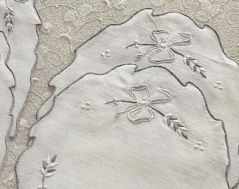 Cream Linen Doily Set, Madeira Hand Embroidery, Botanical Sprigs, 20 Pieces in Different Sizes, Traditional Style