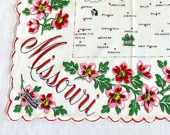 Missouri handkerchief state map souvenir new with Franshaw tag, red and pink hawthorn blossoms, 1960s vintage travel, novelty collectible