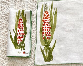 Vera Neumann placemat napkin set for 4, ears of summer corn, Belgian linen print, vintage table linens, vegetable garden, Thanksgiving fall