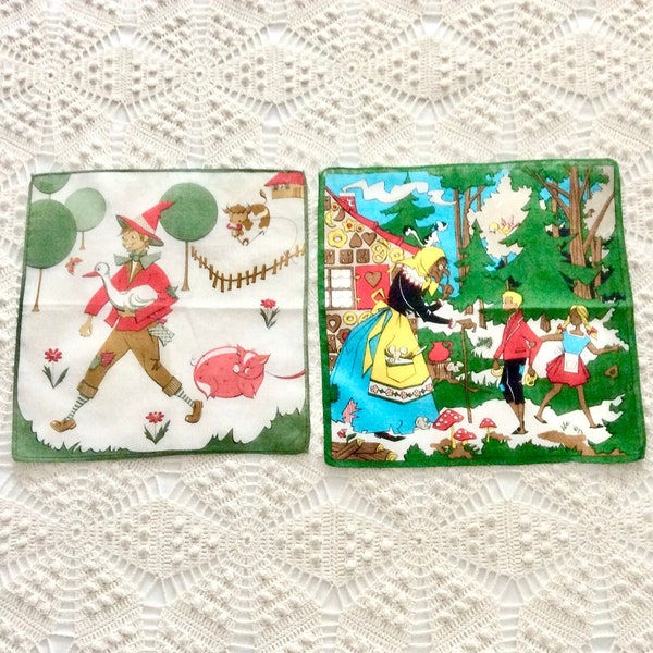 2 Grimms fairy tale Handkerchiefs, Hansel and Gretel, Hans In Luck, Brothers Grimm, 1960s vintage handkerchiefs, collectible novelty prints