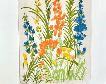 Vera Neumann linen tea towel, flower garden, peach blue snapdragons, abstract painterly style, mid century graphics, vintage kitchen linens