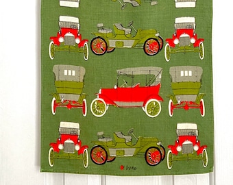 Vera Neumann linen tea towel antique automobiles cars, green and red print, wall hanging for classic auto collectors, vintage 1970s kitchen