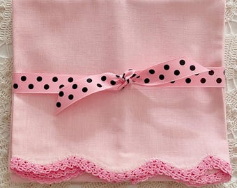 2 pink Irish linen pillowcases with hot pink crochet edging, 1960s vintage bed linens, wedding accessory, classic solid color, standard size